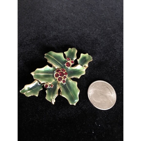 Vintage Rare Christmas Red Green Enamel Poinsettia Flower Gold tone Rhinestones - Picture 5 of 5